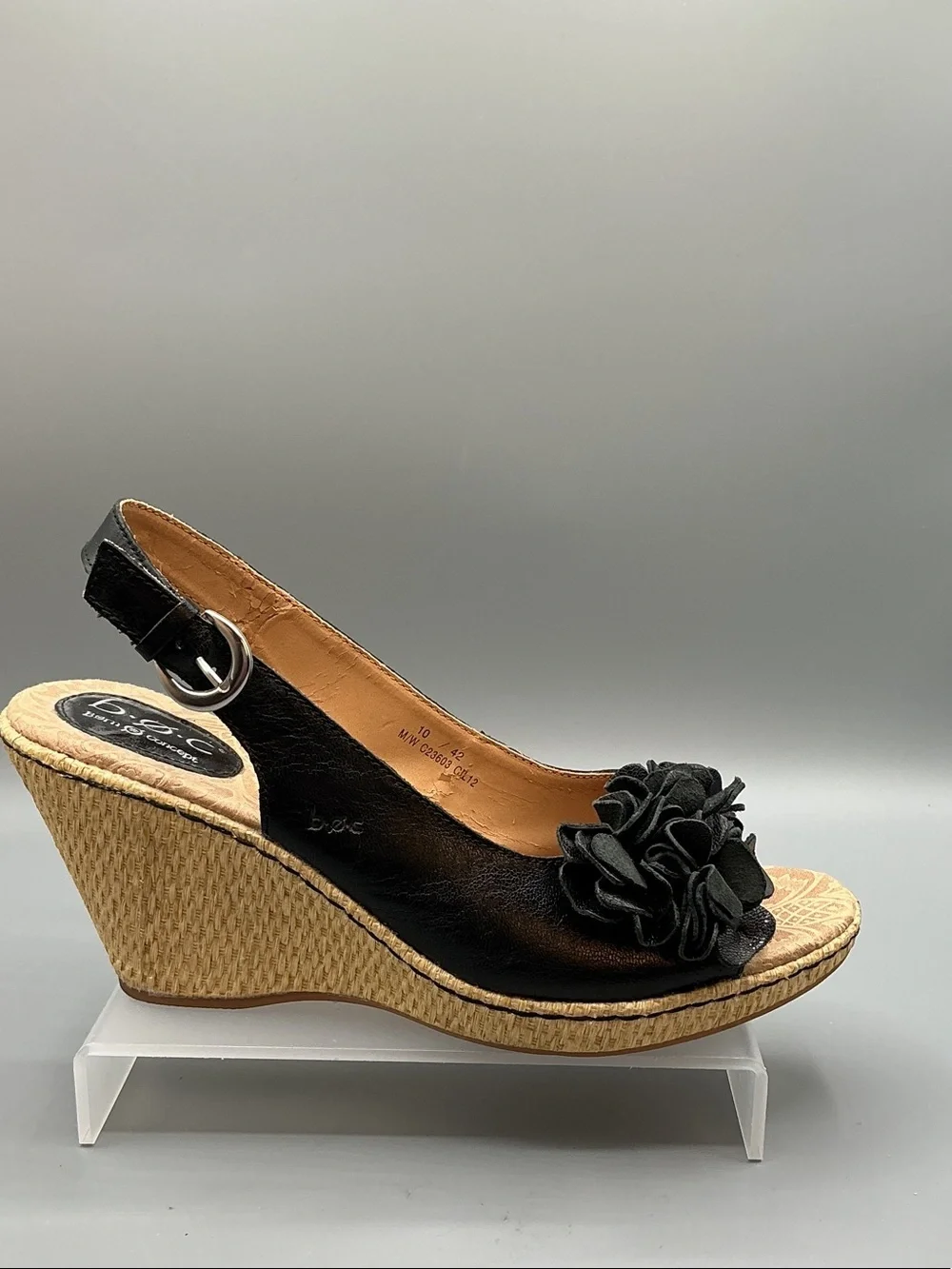b.o.c. Black Floral Slingback Wedge Sandals with Decorative Rosette, size 10
